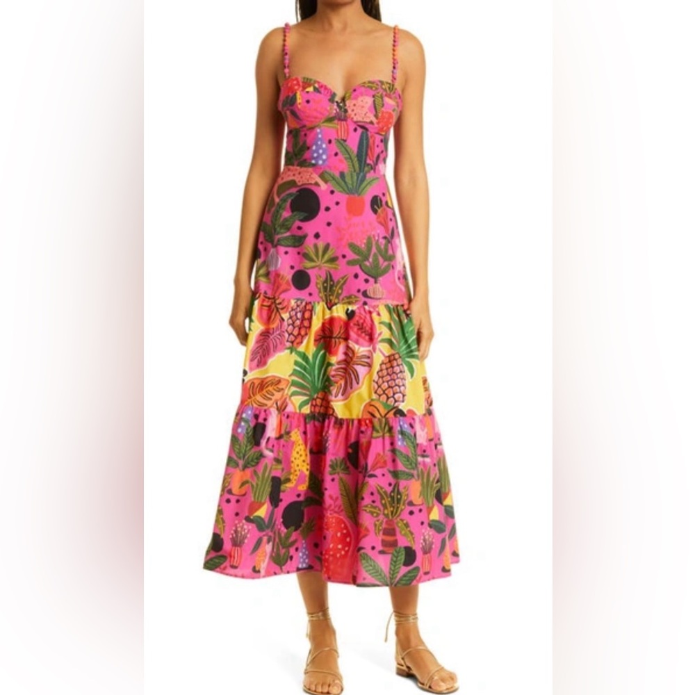 FARM RIO Pink Pop Leopards Printed Midi-Dress.